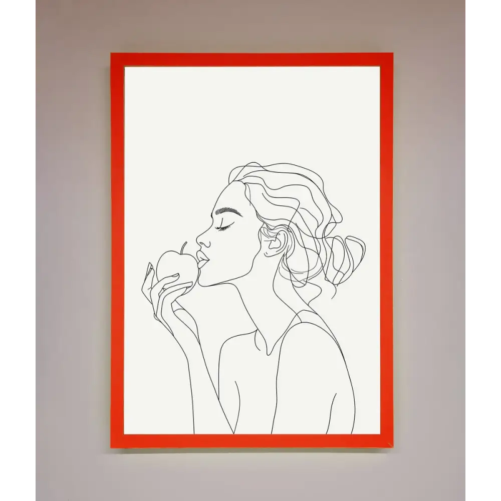 Women With An Apple Line Drawing Framed Poster - B0 (100 x 141 cm) / Neon Red - Framed Print