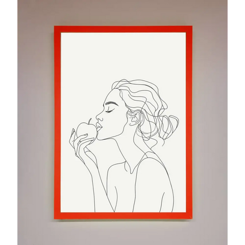 Women With An Apple Line Drawing Framed Poster - B0 (100 x 141 cm) / Neon Red - Framed Print