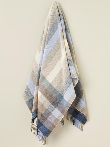 Woodale pure new wool shetland throw in soft woven plaid with blue beige and gray tones and fringed edges