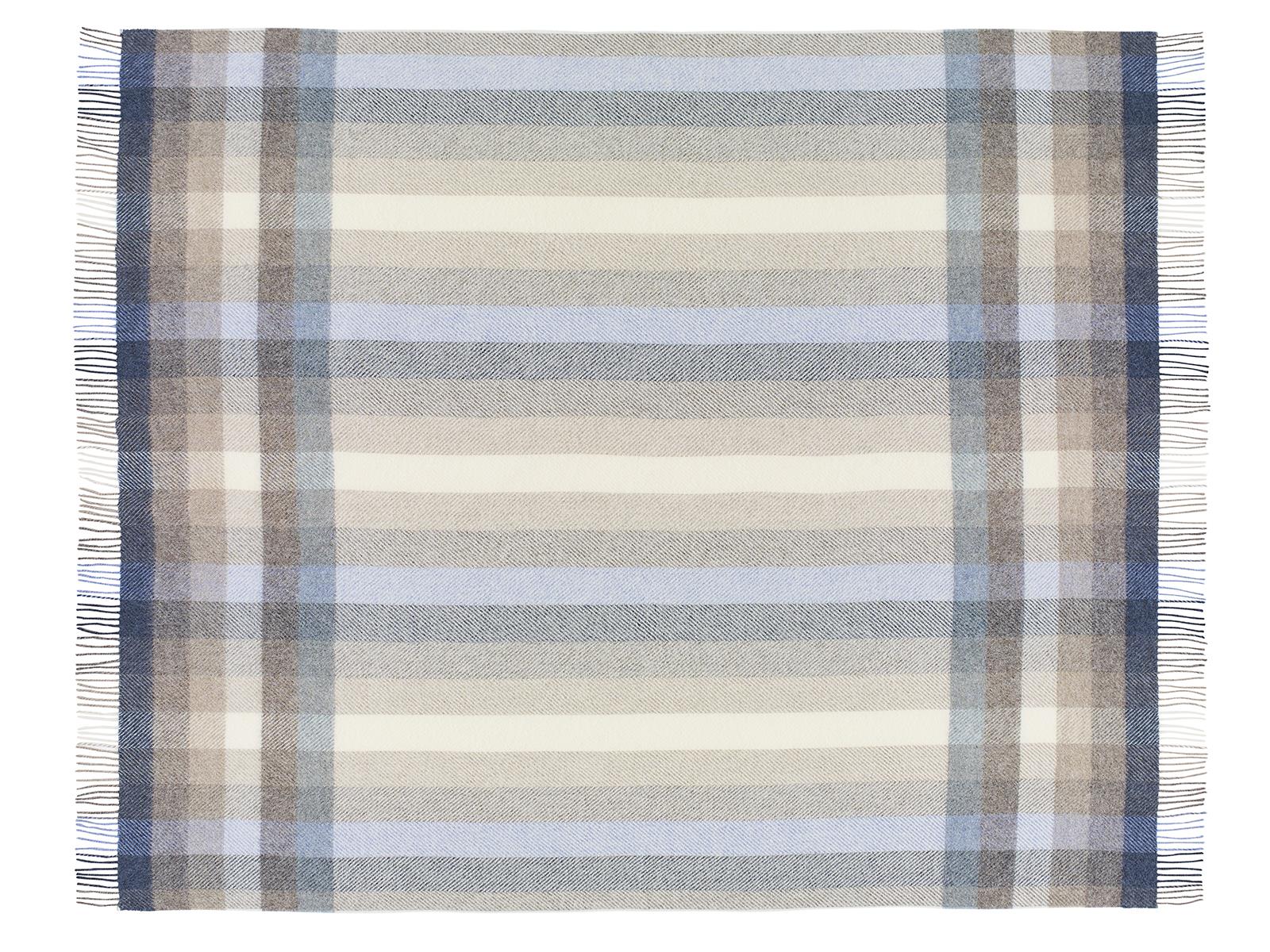 A soft woven plaid Woodale pure new wool Shetland throw in blue beige and gray with fringed edges