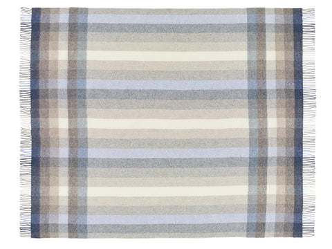 A soft woven plaid Woodale pure new wool Shetland throw in blue beige and gray with fringed edges