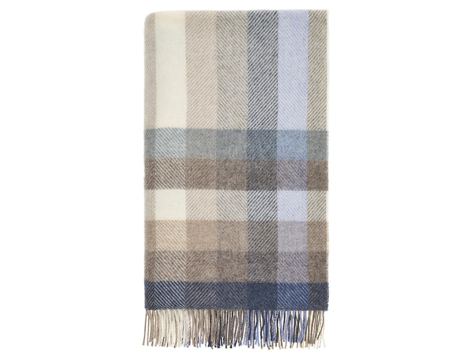 Woodale pure new wool Shetland throw in cream with blue gray plaid and delicate fringe at the bottom edge