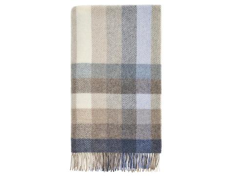 Woodale pure new wool Shetland throw in cream with blue gray plaid and delicate fringe at the bottom edge