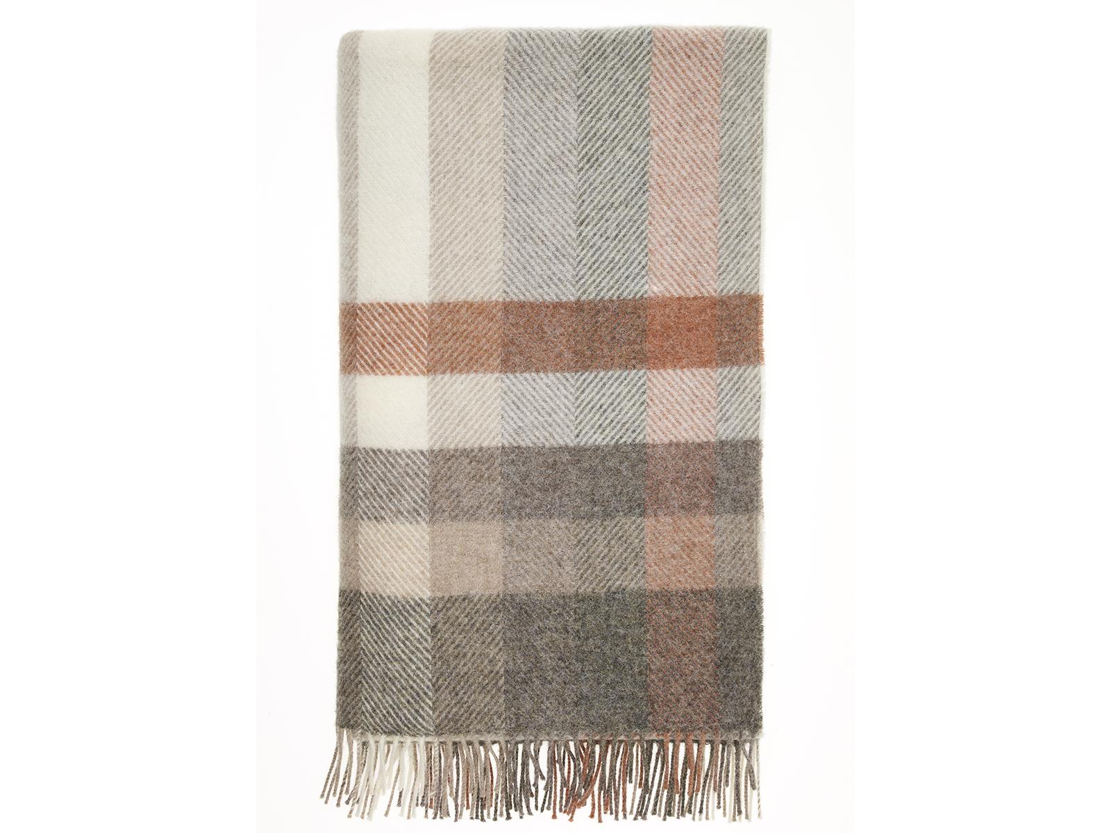 Woodale pure new wool shetland throw wool throw in soft earth tones with a herringbone plaid pattern and fringe edge