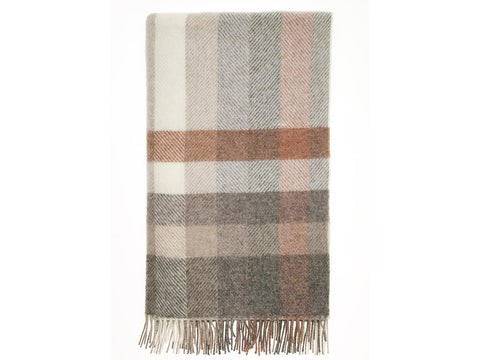 Woodale pure new wool shetland throw wool throw in soft earth tones with a herringbone plaid pattern and fringe edge