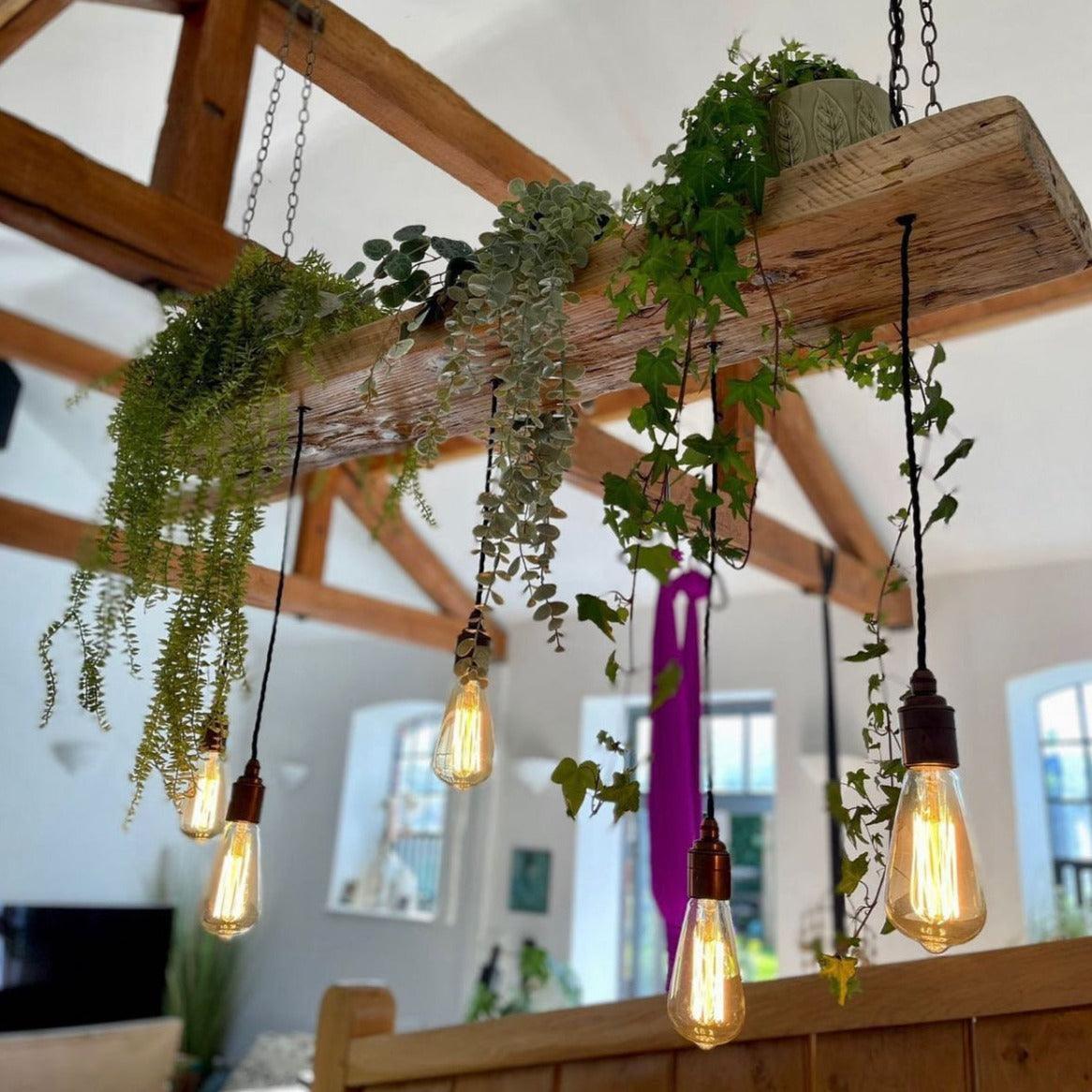 Wooden Beam Chandelier for Plants | Kitchen Island Lighting with Planter Shelf