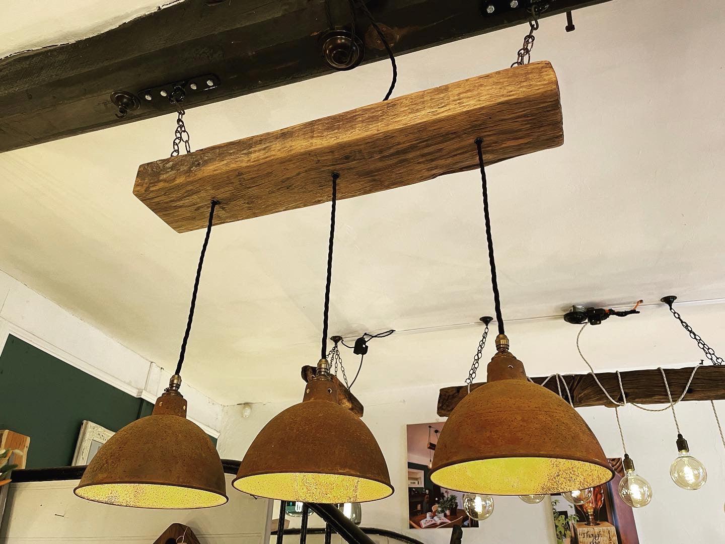 Oak Beam Chandelier with Industrial Shades | Kitchen Island & Task Lighting UK