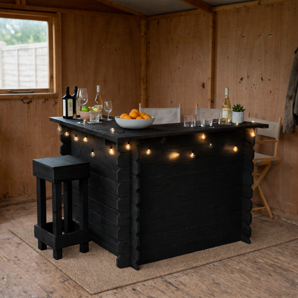 Black wooden interlock corner bar with rustic stacked-log design and string lights adding rustic character no tools required