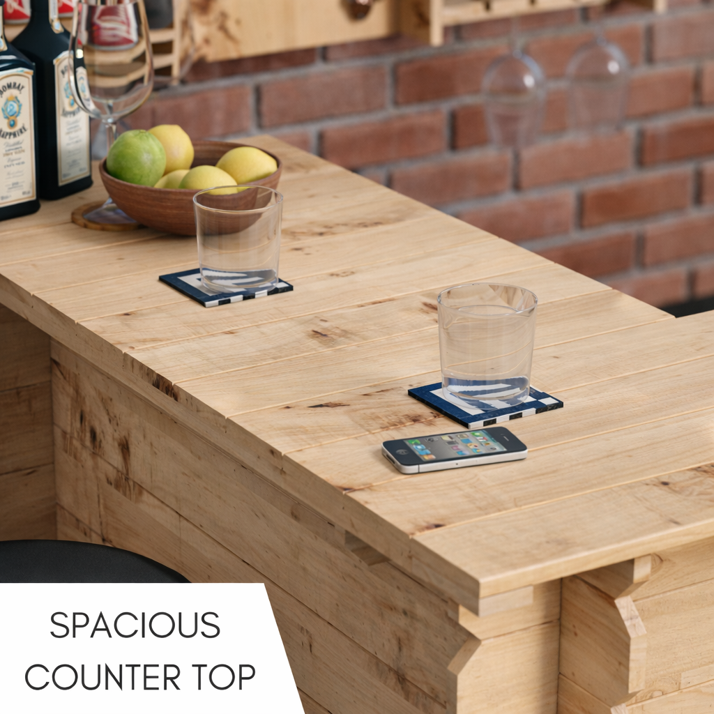 Wooden interlock corner bar with blue and white striped coaster showing rustic character no tools required