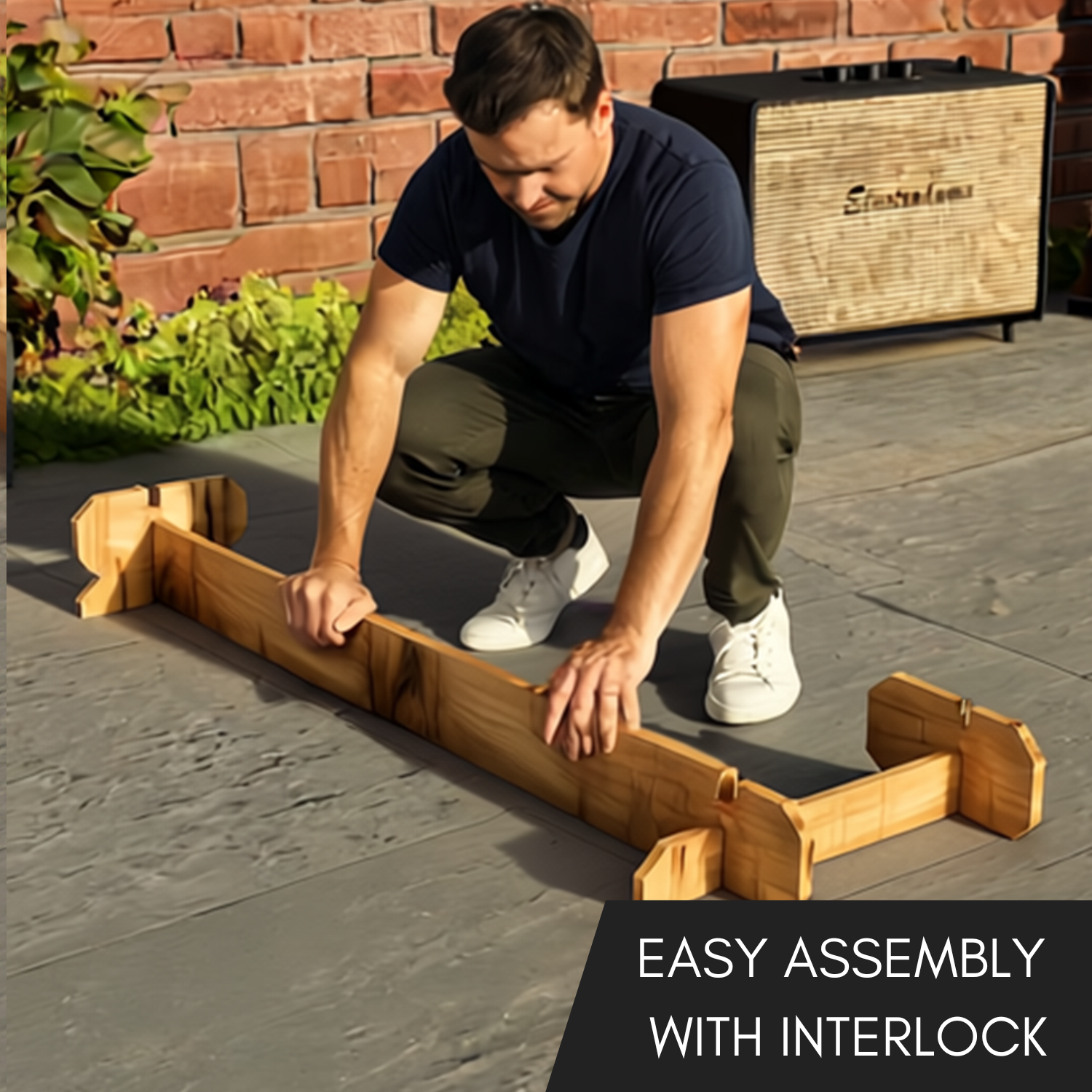 Light brown wooden interlock corner bar planter with rustic character and no tools required for easy garden use