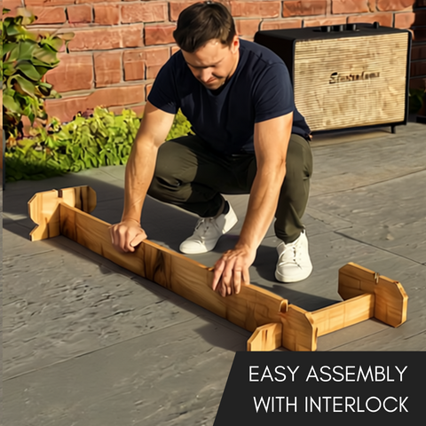 Light brown wooden interlock corner bar planter with rustic character and no tools required for easy garden use