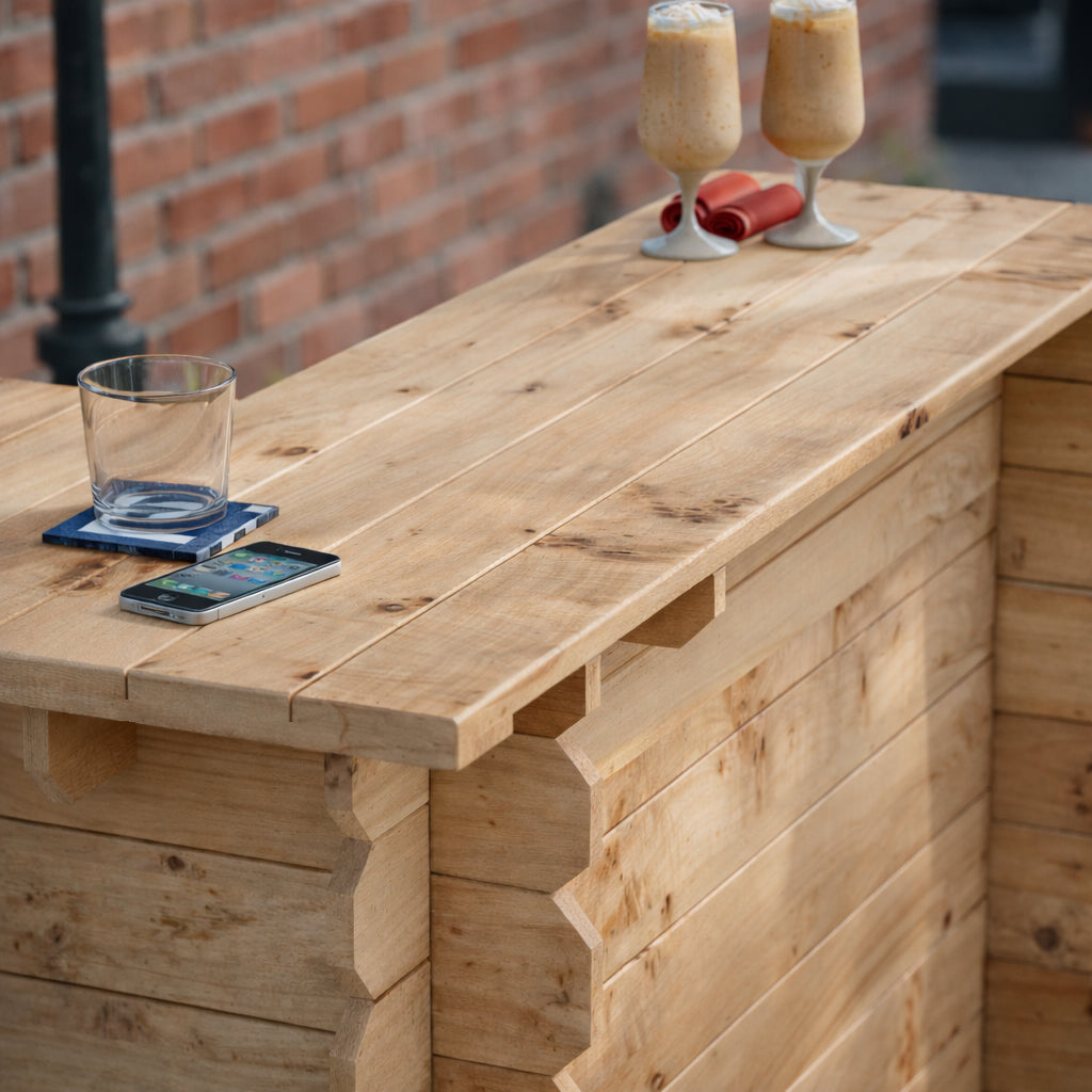 Light-colored wooden interlock corner bar with rustic character and visible wood grain no tools required