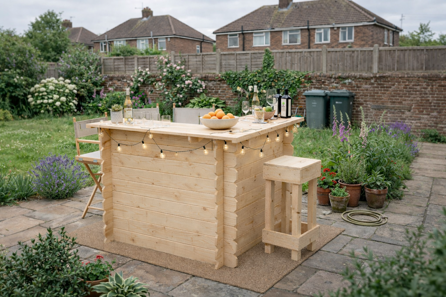 Light-colored wooden interlock corner bar with rustic stacked-log design and string lights no tools required