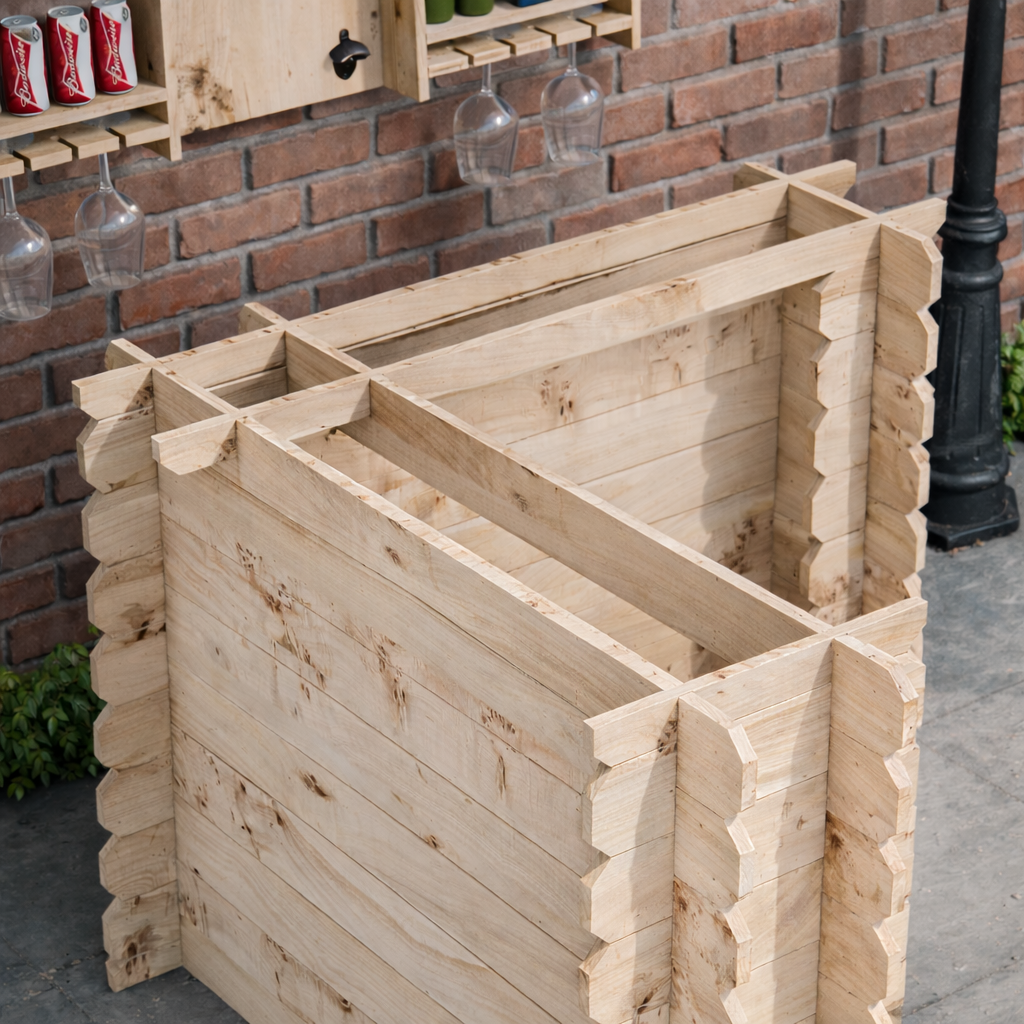 Light-colored wooden interlock corner bar made from rustic unfinished planks with notched edges rustic character tools required