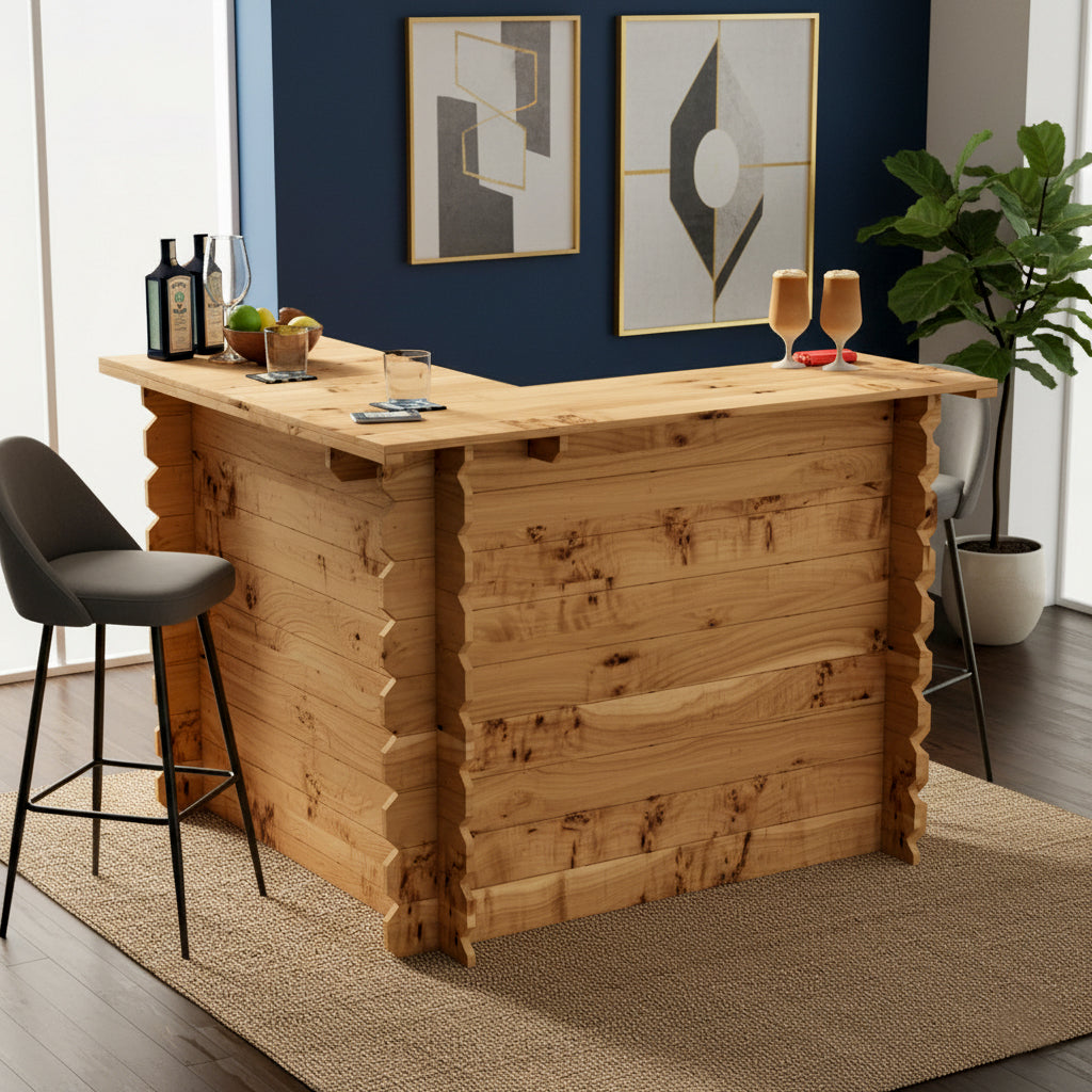 Light-colored wooden interlock corner bar with rustic character and visible wood grain no tools required