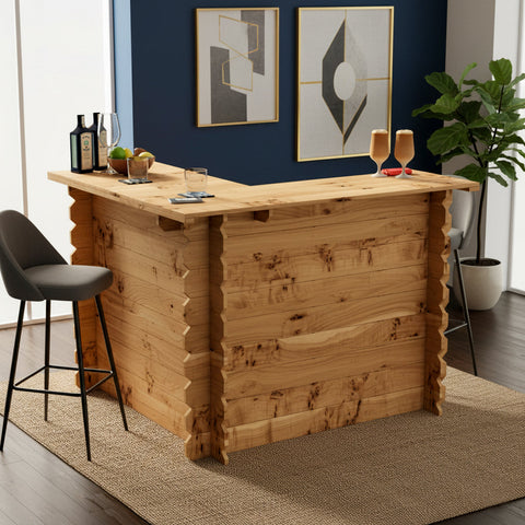 Light-colored wooden interlock corner bar with rustic character and visible wood grain no tools required