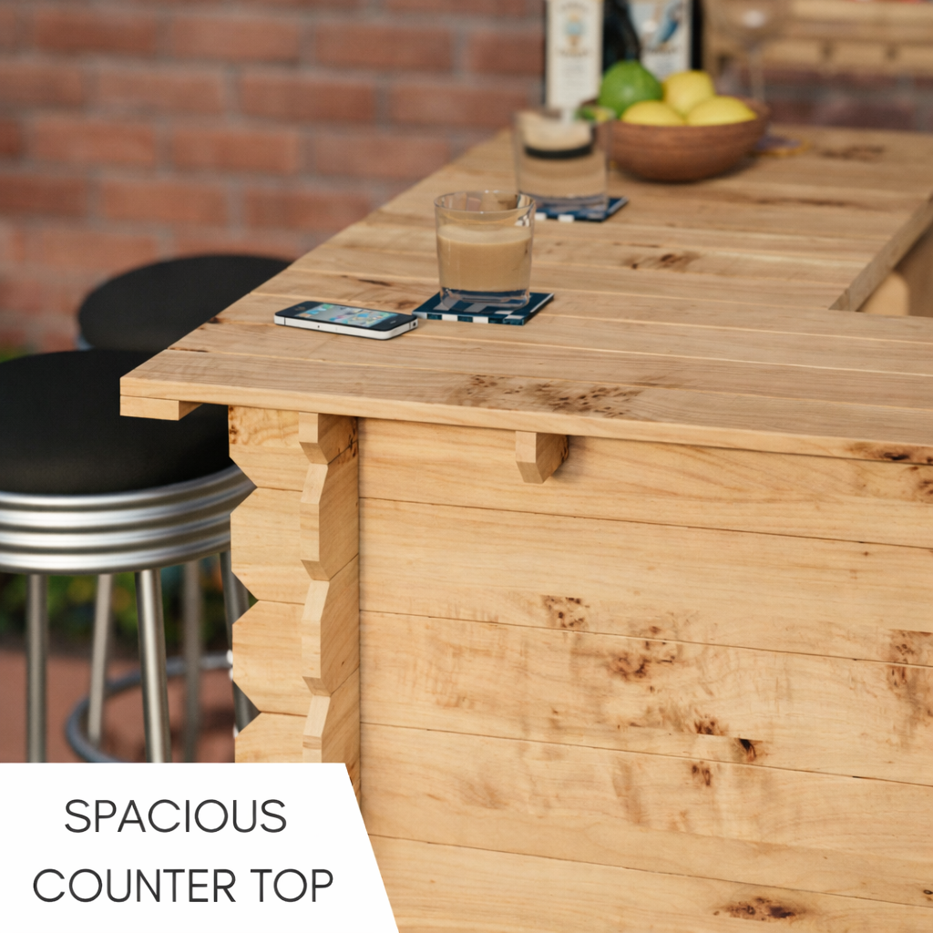 Light-colored wooden interlock corner bar with spacious countertop and rustic character no tools required