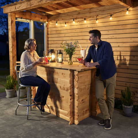 Wooden interlock corner bar with rustic log construction and warm string lighting showing rustic character outdoors no tools required