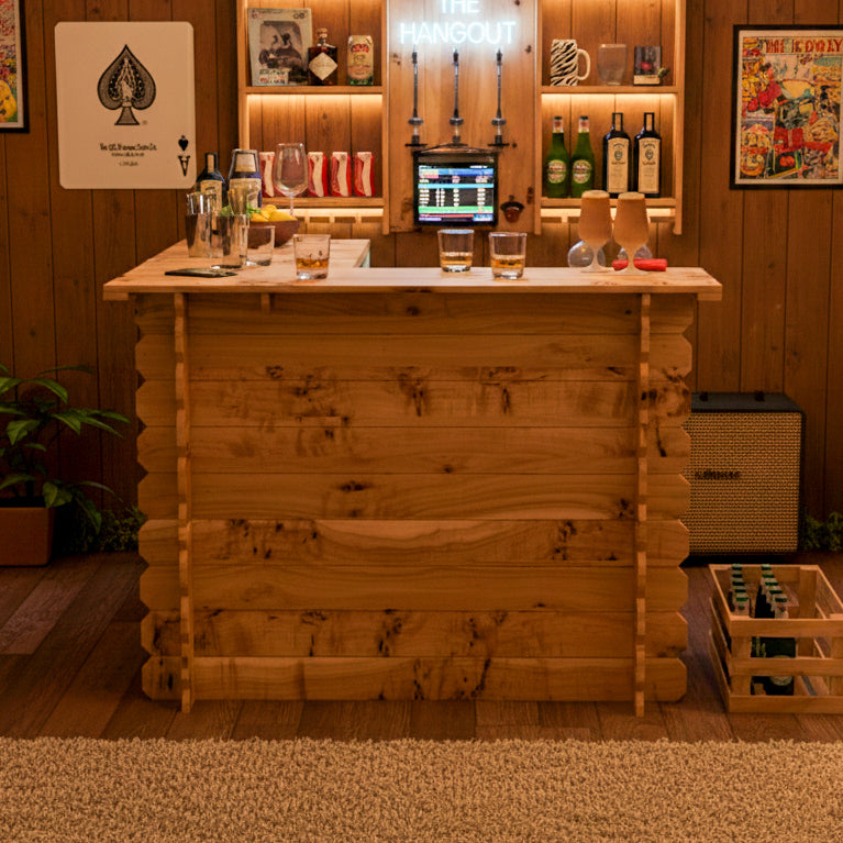 Rustic wooden interlock corner bar with natural finish and stacked plank design showing rustic character no tools required