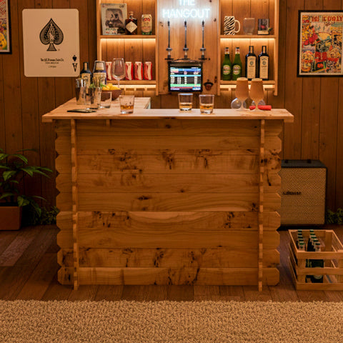 Rustic wooden interlock corner bar with natural finish and stacked plank design showing rustic character no tools required