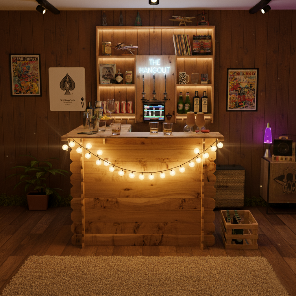 Wooden interlock corner bar with rustic character features warm finish and built-in shelving with soft backlighting