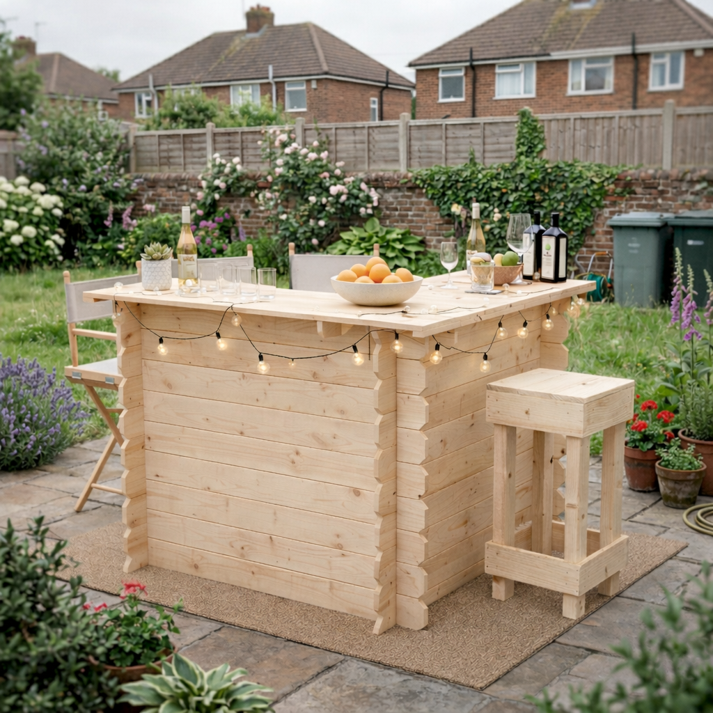 Light-colored wooden interlock corner bar with rustic character and string lights, minimal tools required for setup