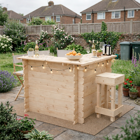 Light-colored wooden interlock corner bar with rustic character and string lights, minimal tools required for setup