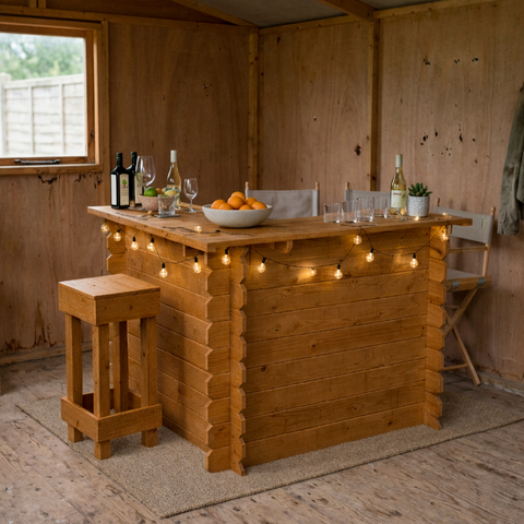 Rustic wooden interlock corner bar with warm natural finish and string lights showing rustic character no tools required