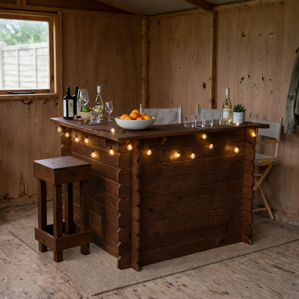 Rustic wooden interlock corner bar with warm-toned planks and string lights showing rustic character and tools required