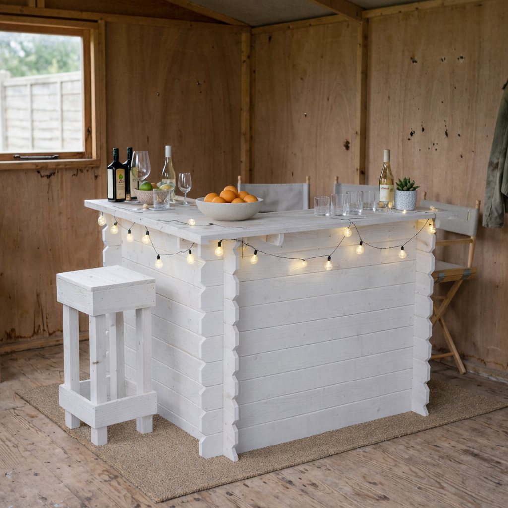 White wooden interlock corner bar with marble countertop and rustic character lit by string lights no tools required