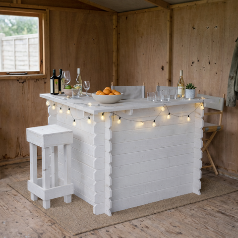 White wooden interlock corner bar with marble countertop and rustic character lit by string lights no tools required