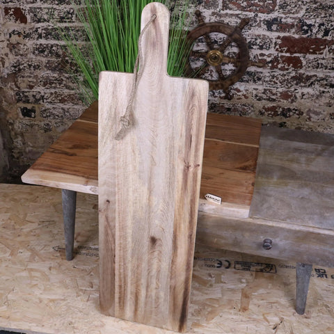 A rustic light-colored wooden large serving board 100cm with natural wood grain and rope handle for easy carrying