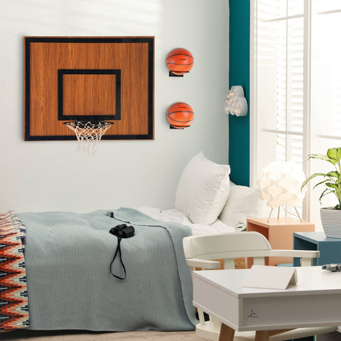 Wall-mounted wooden single hoop walnut with black rim and net and two orange basketballs mounted on either side