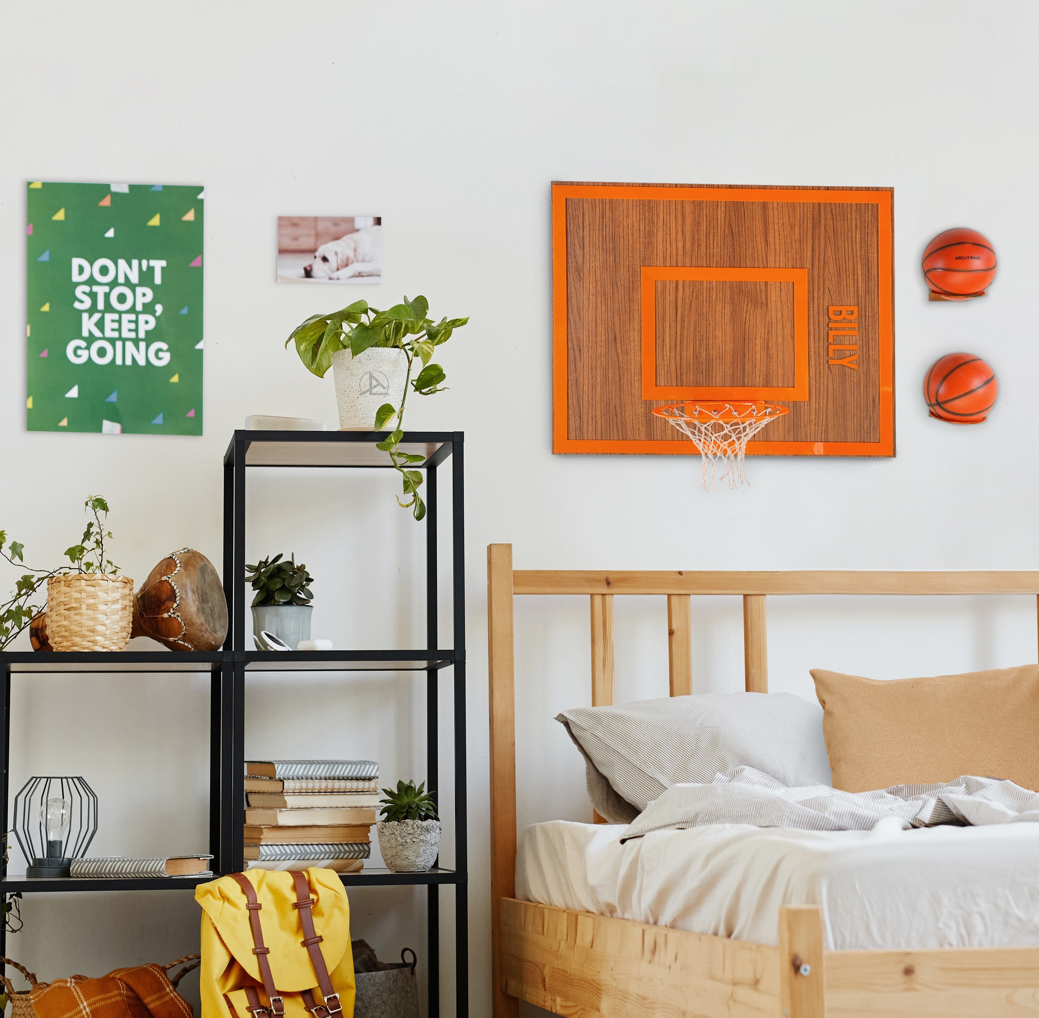 Orange wooden basketball hoop with net and two orange basketballs mounted on wall wooden single hoop walnut