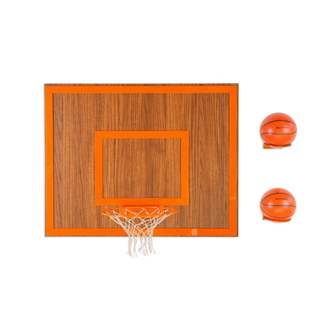Wooden single hoop walnut with an orange basketball hoop, wood grain panel, white net, and two orange balls