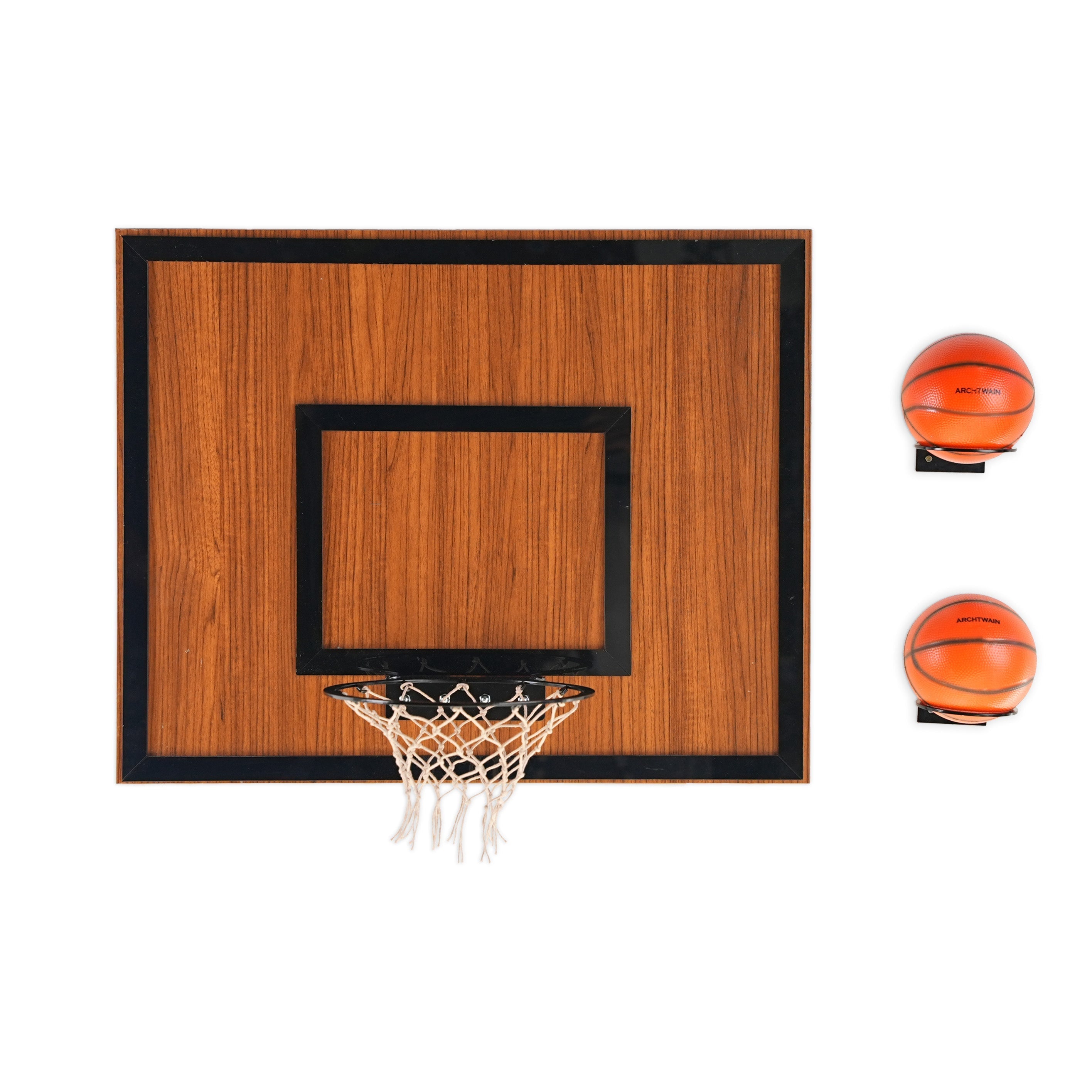 Wooden single hoop walnut with wood grain panel black rim white net and two orange spalding basketballs