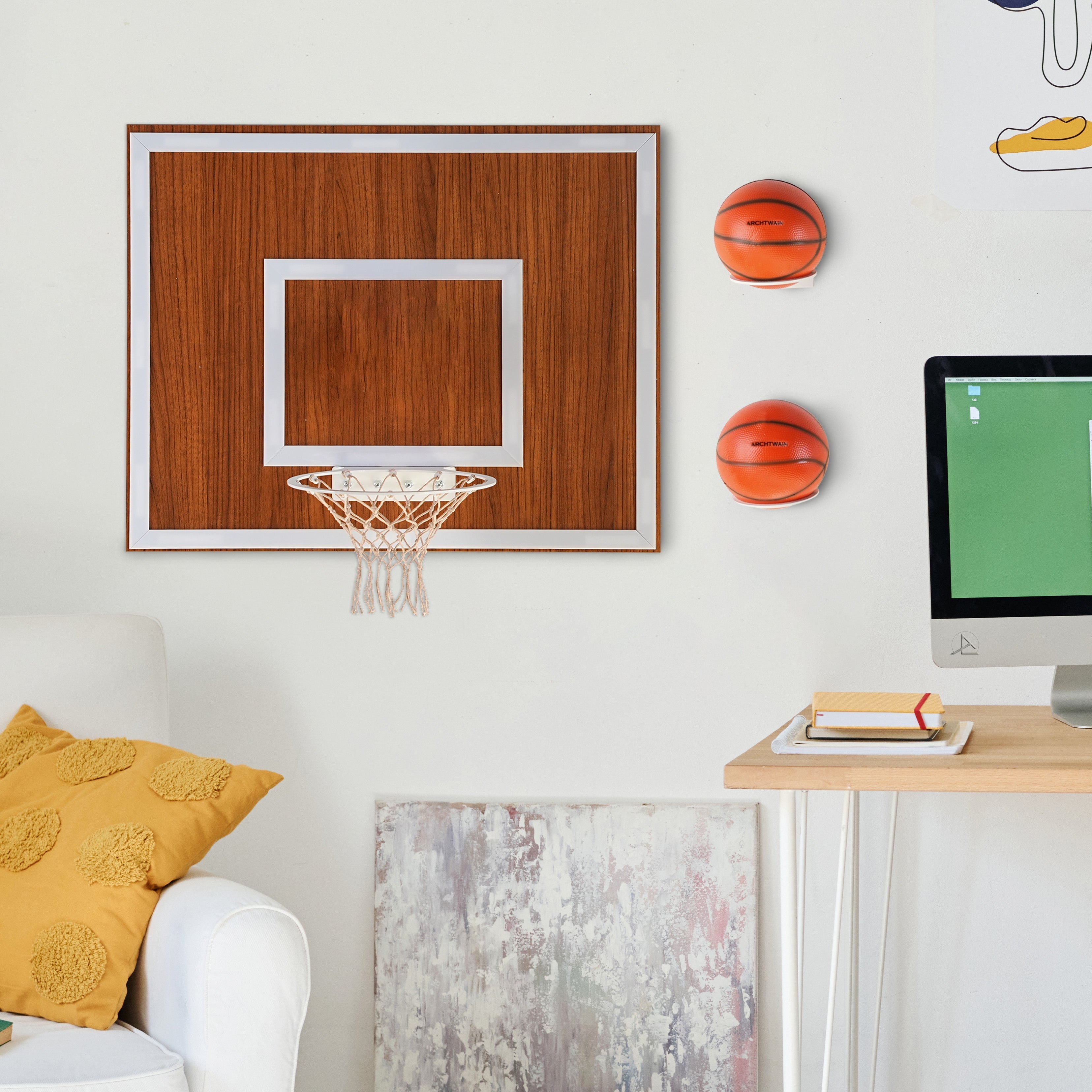 Wooden single hoop walnut wall-mounted basketball hoop with wooden backboard white rim and two orange balls beside it