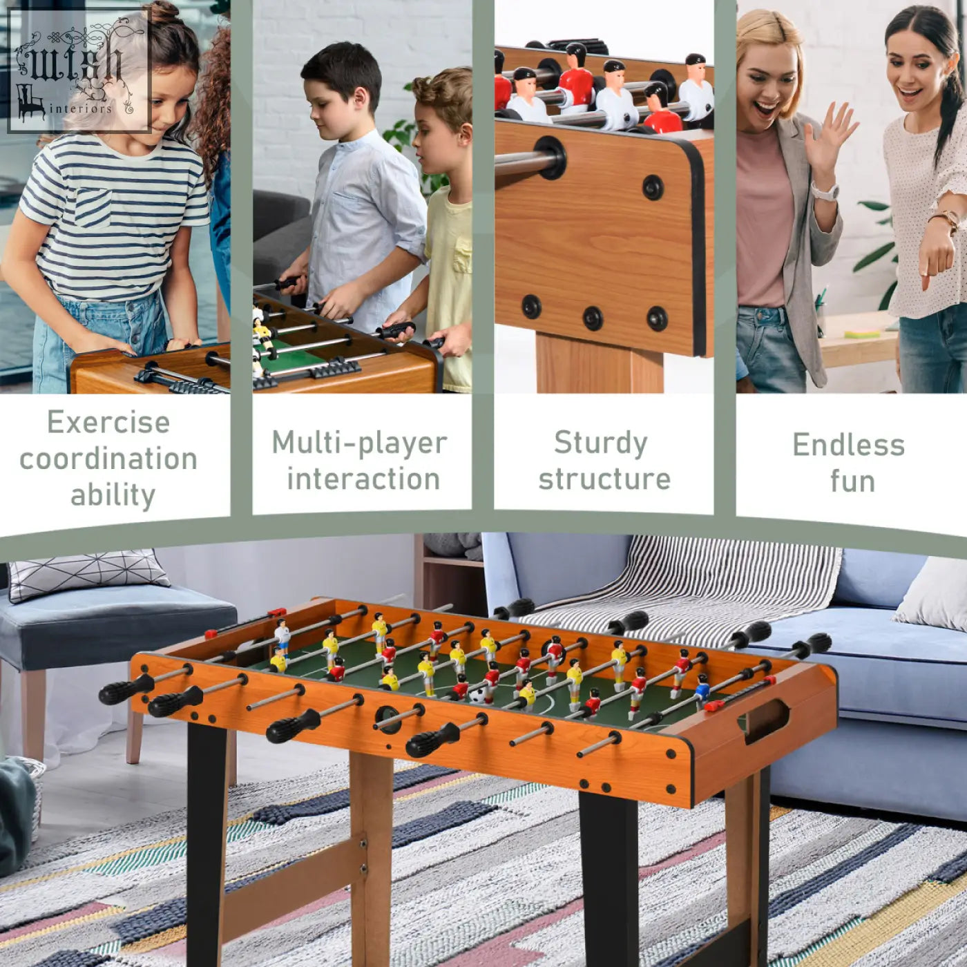 Orange wooden football table with black handles and miniature players for game room and bar fun