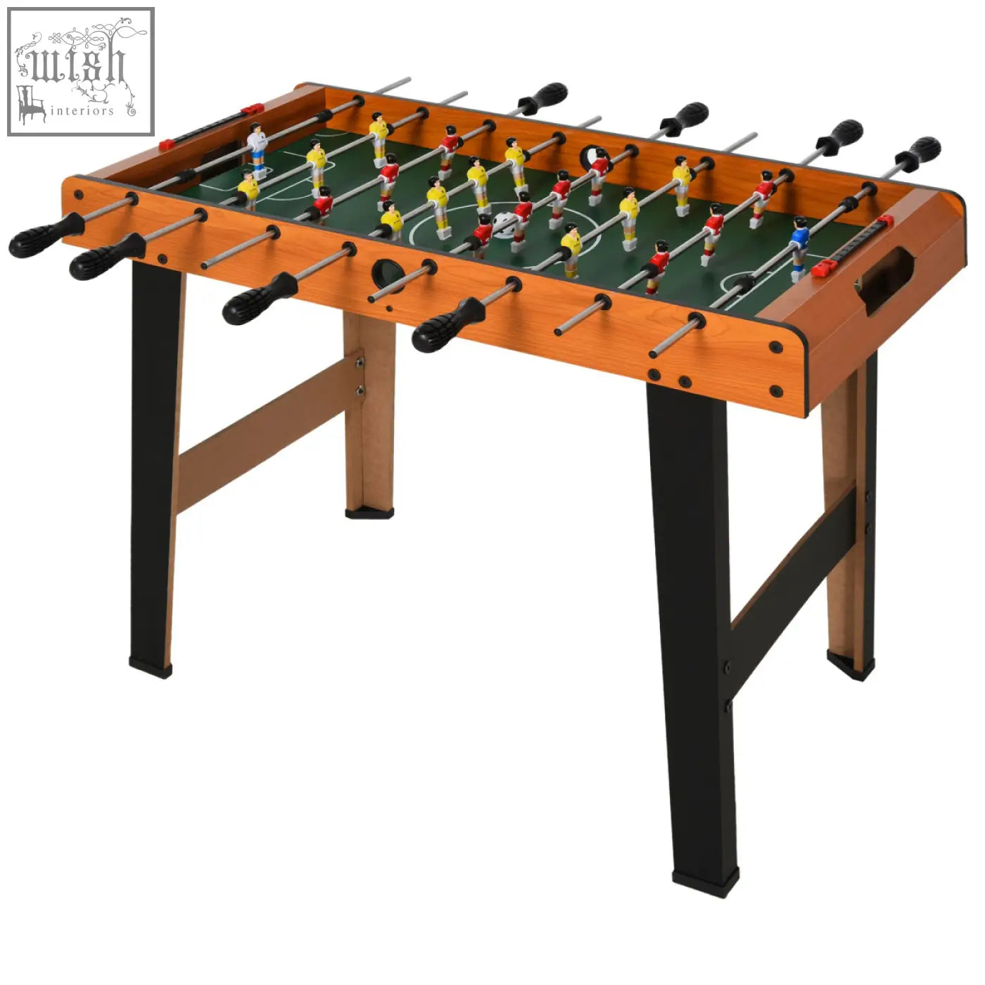 Wooden football table with black legs green surface and red yellow blue players for game room bar fun