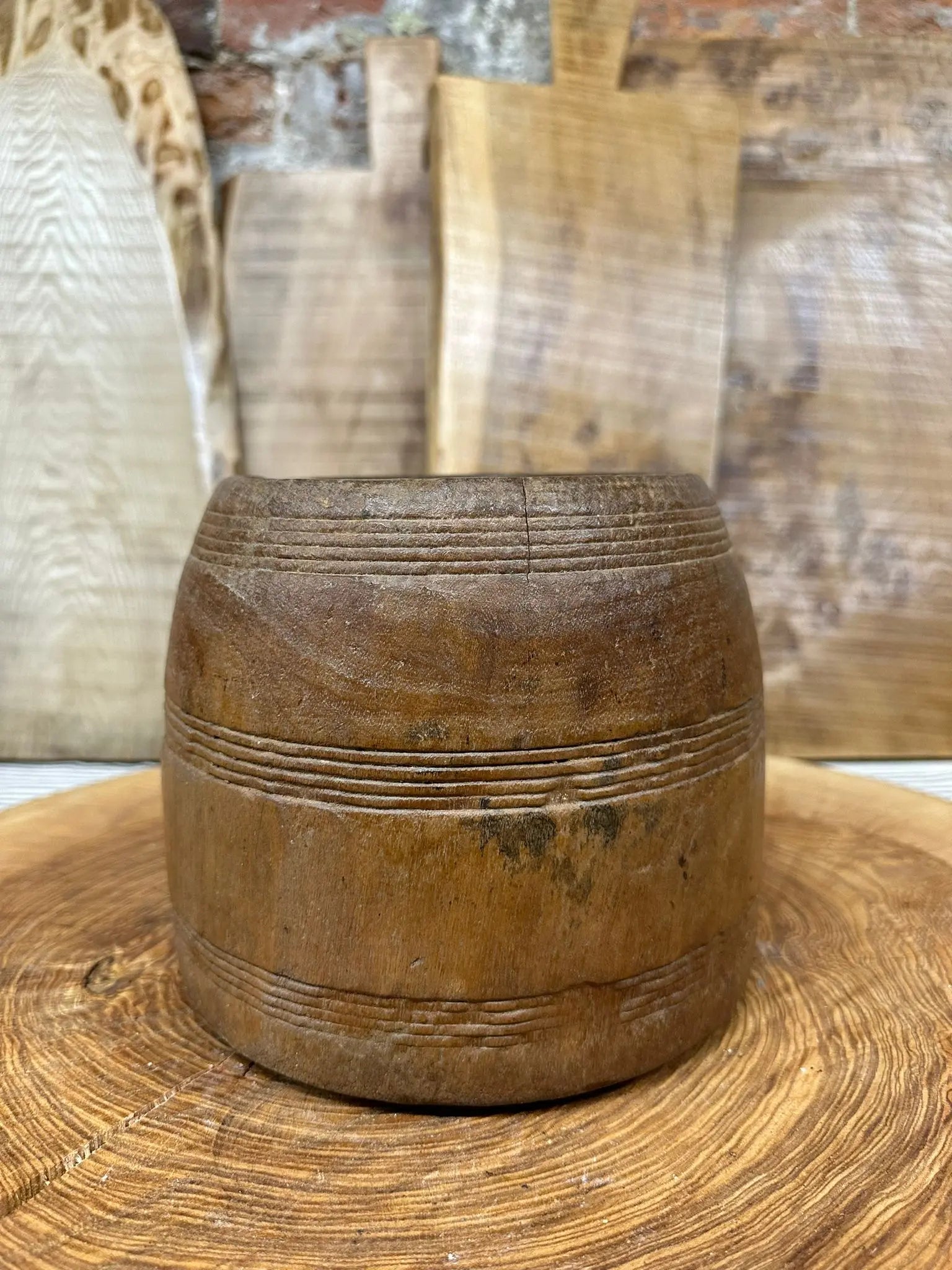 Wooden vintage herb plant pot planter with warm brown finish and hand carved decorative horizontal grooves