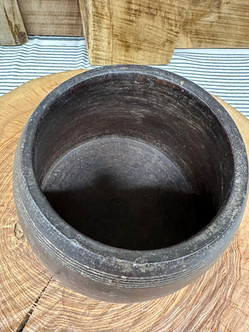Dark gray stone mortar with subtle horizontal ridges perfect as a wooden vintage herb plant pot or desk tidy holder