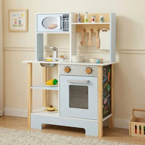 Wooden Toy Kitchen Playset with Chalkboard Microwave Stove for Kids Aged 3 +-Blue