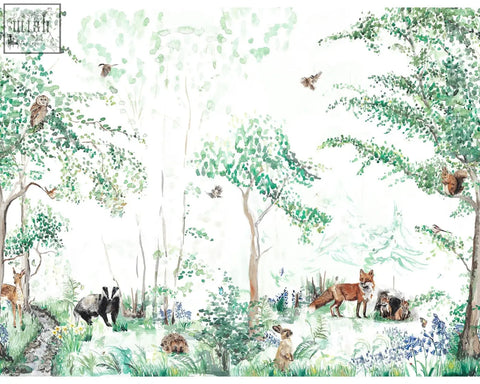 A soft watercolor woodland animals mural wallpaper by artist katie with green trees blue flowers on 180gsm non-woven material
