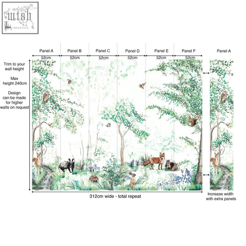 Woodland animals children’s mural wallpaper by artist katie features soft green trees and animals on 180gsm non-woven material