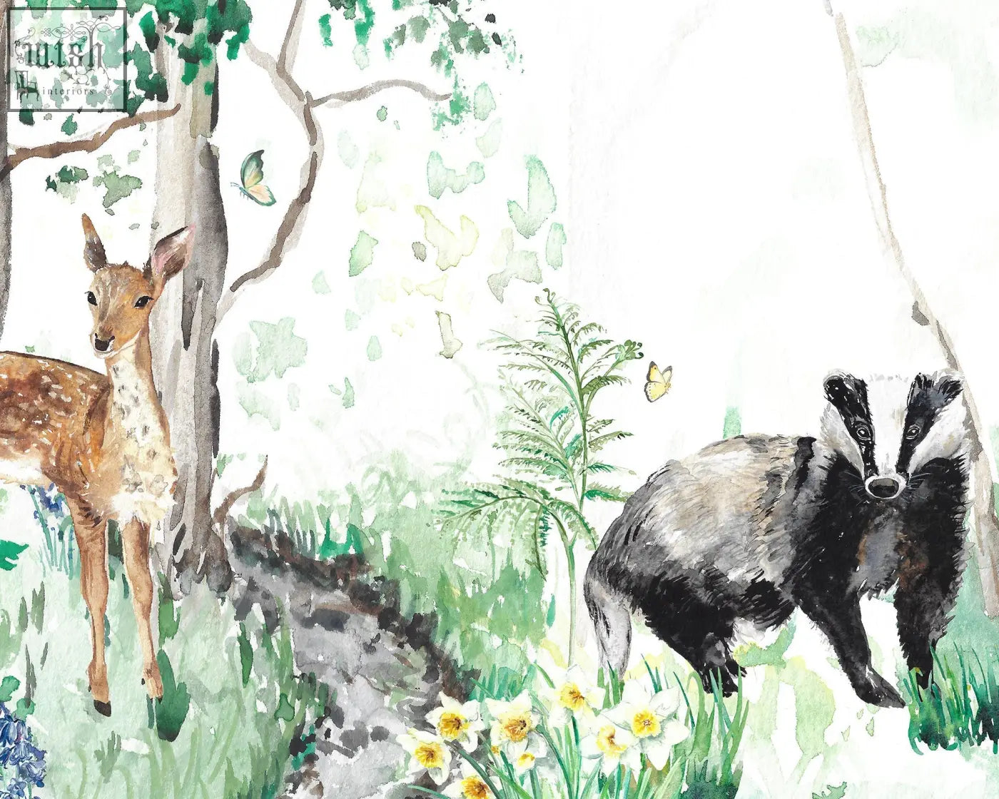 A watercolor badger with black and white fur on green grass featured in woodland animals children’s mural wallpaper by artist katie 180gsm non-woven