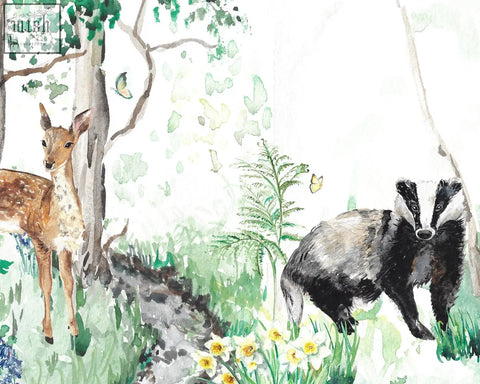 A watercolor badger with black and white fur on green grass featured in woodland animals children’s mural wallpaper by artist katie 180gsm non-woven