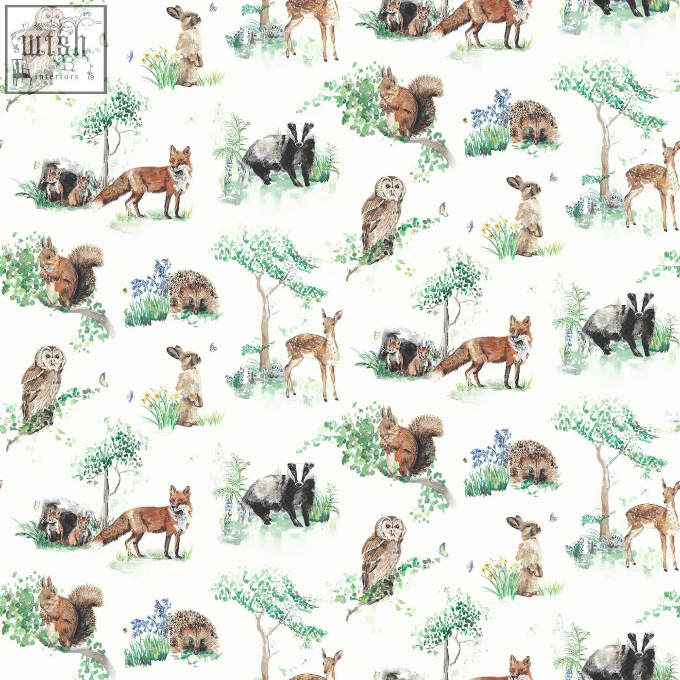 Woodland animals childrens wallpaper with 52cm pattern featuring foxes owls squirrels and deer on soft white background