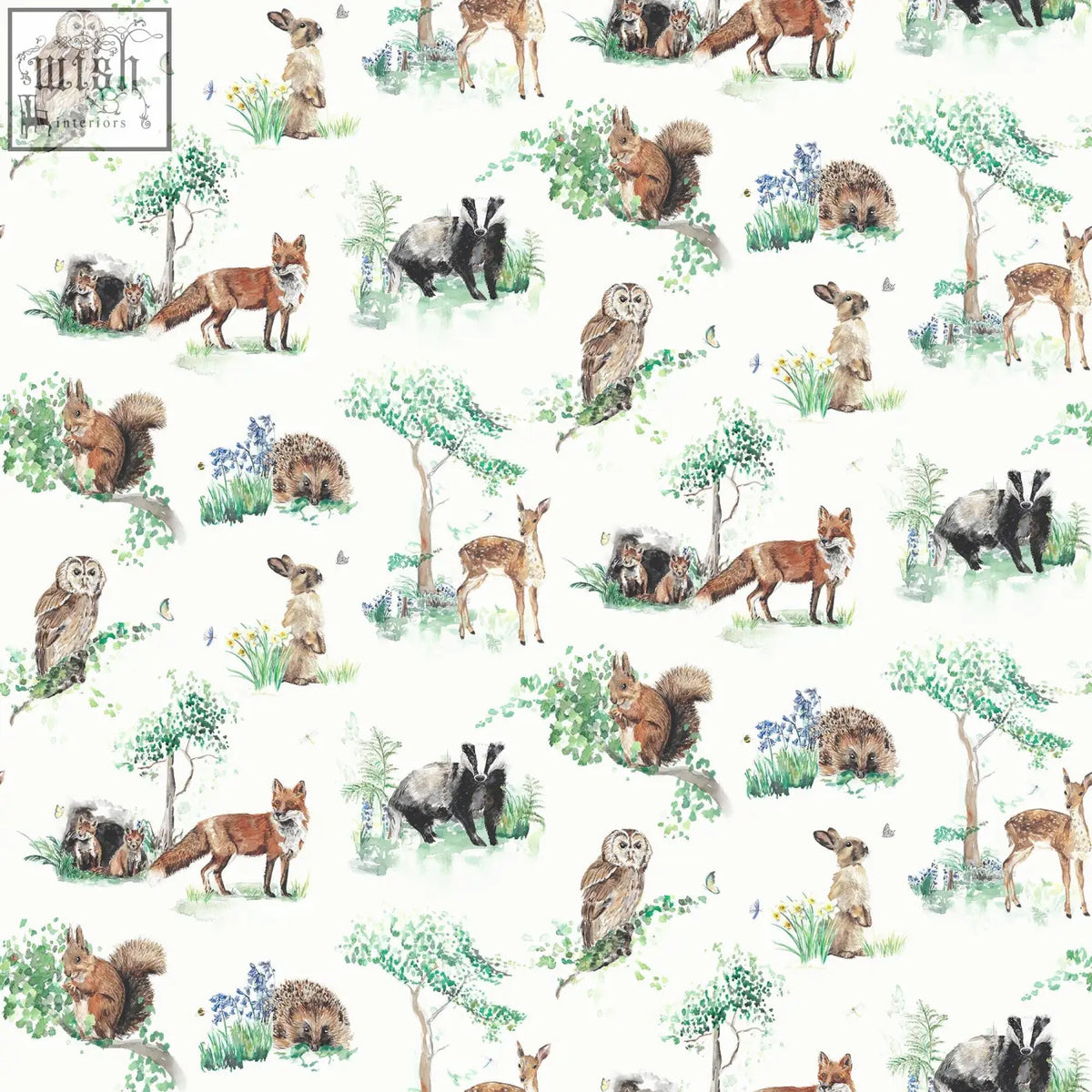 Woodland animals childrens wallpaper with 52cm pattern featuring foxes owls squirrels and deer on soft white background