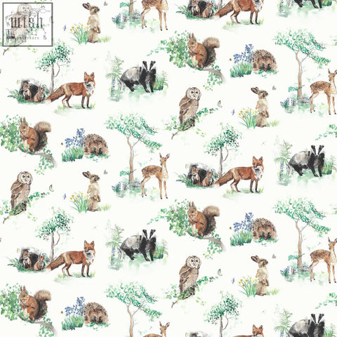 Woodland animals childrens wallpaper with 52cm pattern featuring foxes owls squirrels and deer on soft white background
