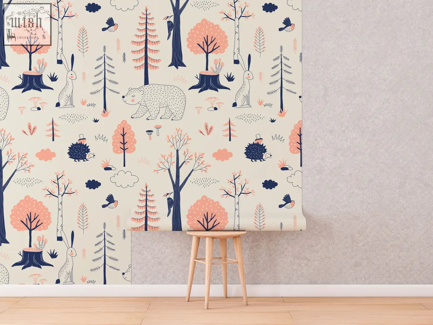 Beige traditional paper wallpaper with woodland animals kids pattern featuring pink and navy trees for nursery walls